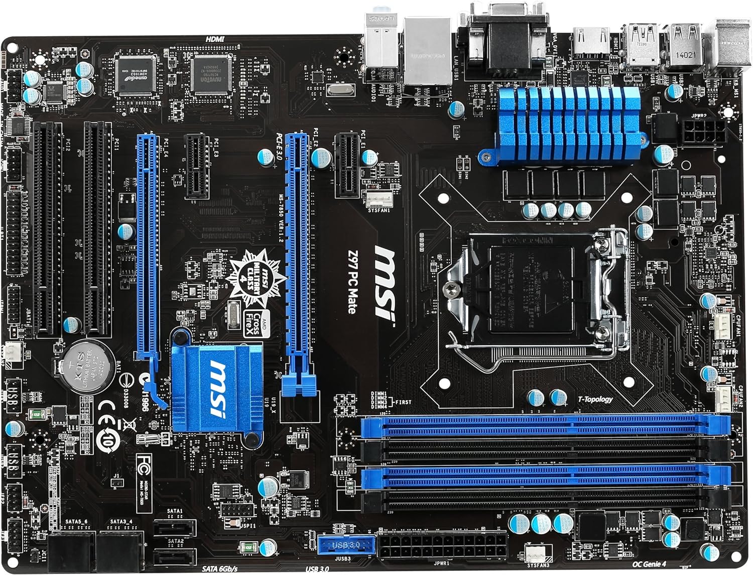 A computer motherboard with multiple peripheral devices connected.
