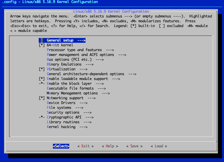 Linux kernel configuration screen