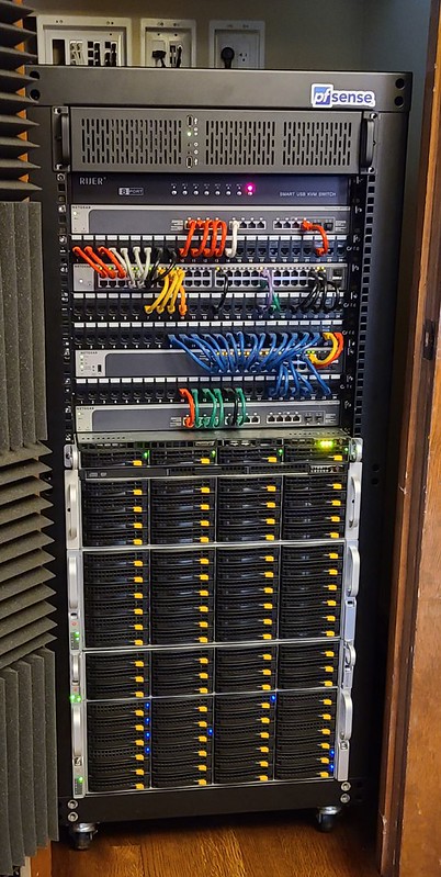 Server rack with various hardware components