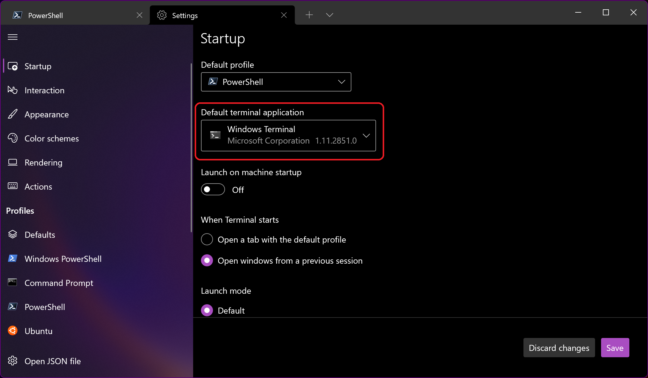 Terminal window with kernel configuration options